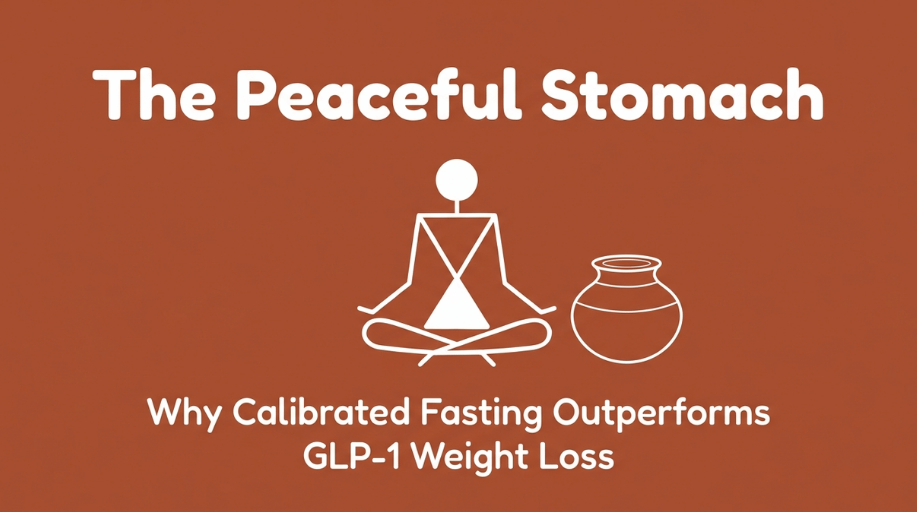 A minimalist title slide with a meditating stick figure next to a clay vessel, introducing the Calibrated Fasting Protocol as a natural, drug-free alternative to synthetic GLP-1 agonist injections like Ozempic and Mounjaro for sustainable weight loss