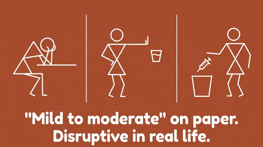 A three-panel illustration of people struggling with work, vomiting, and throwing away weight-loss syringes, showing why severe gastrointestinal side effects lead many to stop using GLP-1 medications
