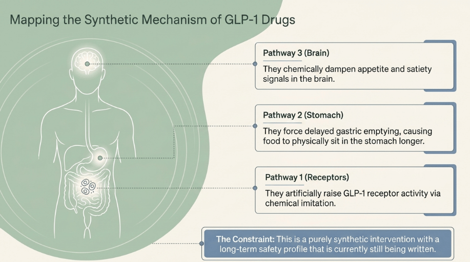 A physiological diagram of the human body mapping the three synthetic pathways of GLP-1 weight loss drugs, showing how they chemically mimic hormones to force the stomach valve shut and artificially suppress brain appetite signals