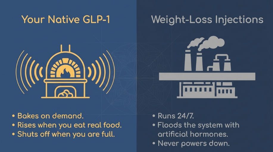 Natural alternative to Ozempic for weight loss comparing natural GLP-1 surge with artificial injections