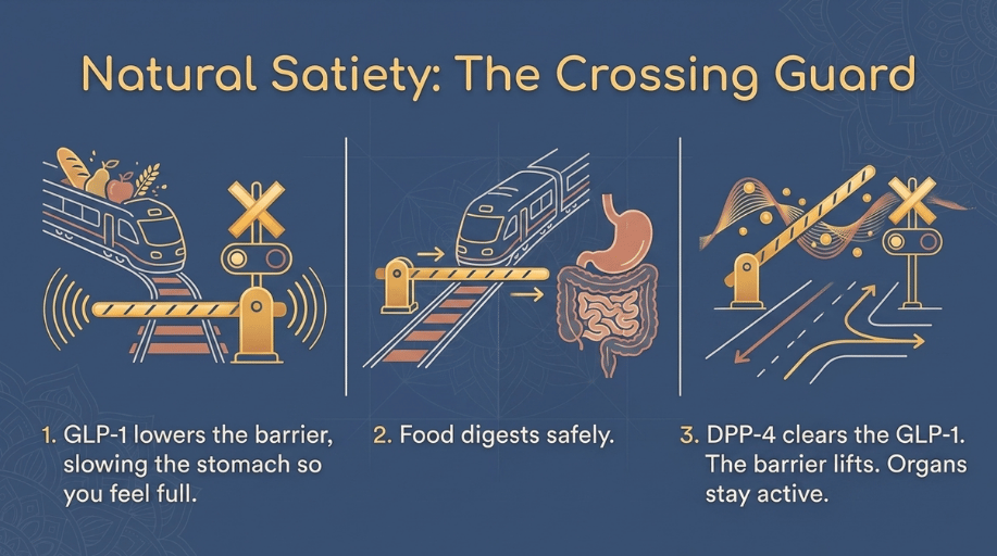 Slow gastric emptying symptoms explained via railway crossing guard analogy