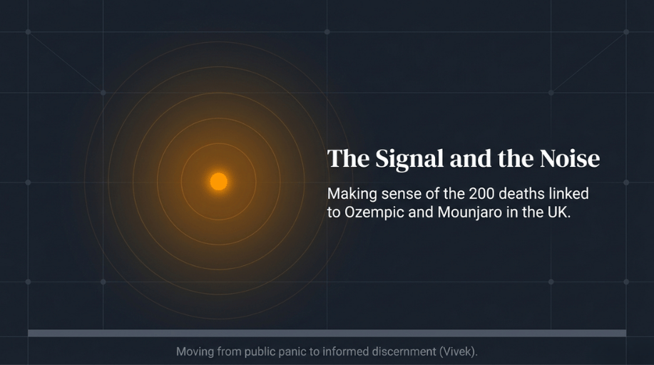 A visual title slide introducing a statistical analysis of more than 200 suspected deaths linked to Ozempic and Mounjaro in the UK, designed to guide patients from media anxiety to sober clinical clarity by introducing the Calibrated Fasting Protocol