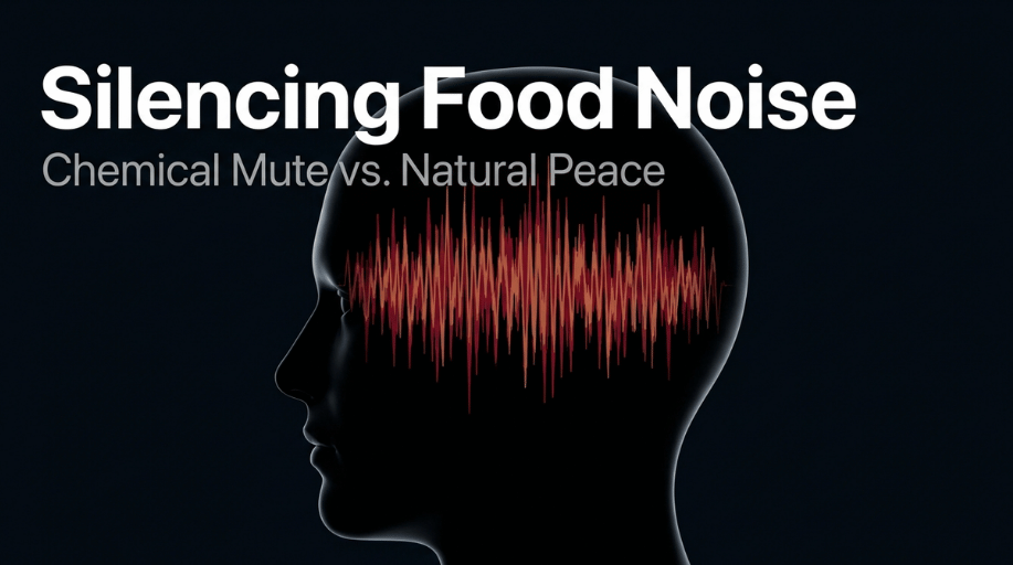 High-contrast graphic illustrating the human brain with soundwaves representing food noise and chemical mute versus natural peace