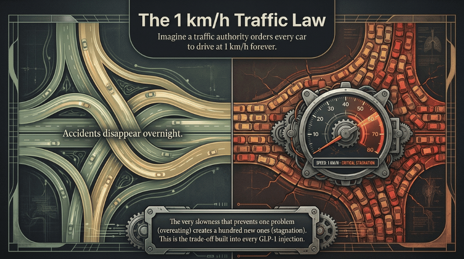 Analogy diagram comparing GLP-1 stomach paralysis to a 1 km/h traffic law that causes stagnation