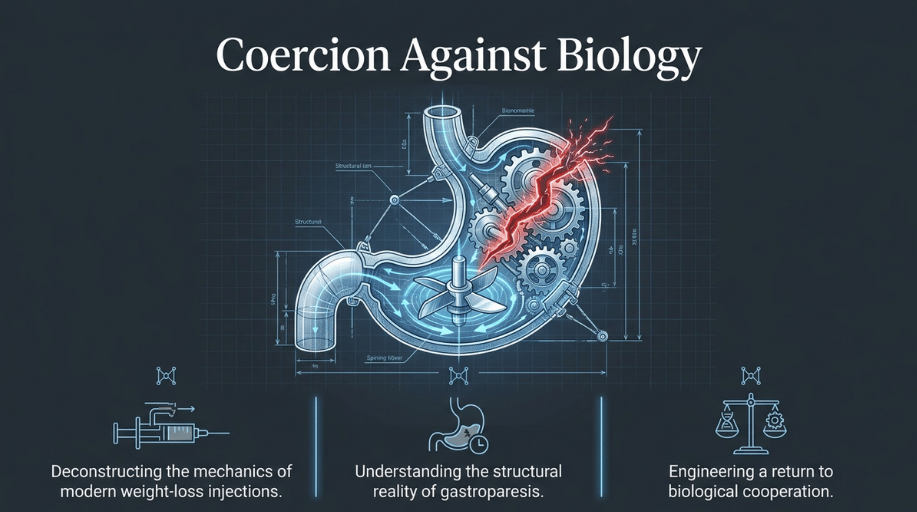 Conceptual blueprint illustrating the mechanical breakdown and gastroparesis risks of weight-loss injections