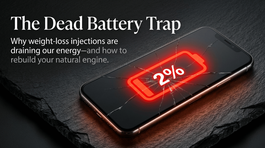 Conceptual illustration of a cracked smartphone displaying a critical 2 percent low battery icon representing Ozempic-induced fatigue